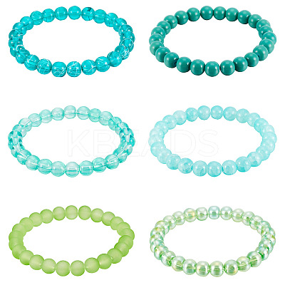 6Pcs 6 Styles 8mm Glass Round Beaded Stretch Bracelet Sets BJEW-TAC0025-1