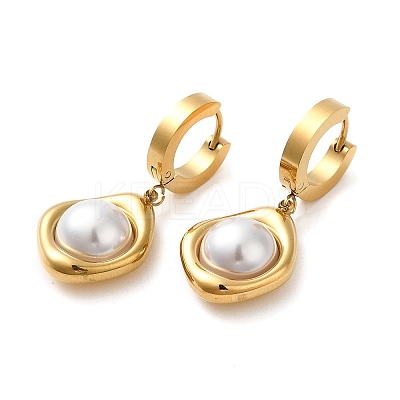 Ion Plating(IP) 304 Stainless Steel Teardrop Dangle Hoop Earrings with ABS Imitation Pearl Beaded X-STAS-D089-06G-1