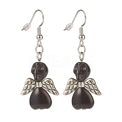 Synthetic Turquoise Skull with Wings Dangle Earrings EJEW-JE04944-03-1