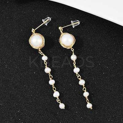 Round Brass Natural Freshwater Pearl Tassel Stud Earrings EJEW-U072-02G-1