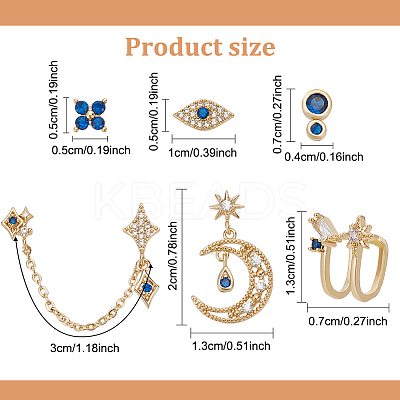 6Pcs 6 Style Flower & Square & Star & Moon Cubic Zirconia Stud Earrings EJEW-AN0003-31-1