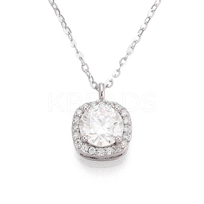 925 Sterling Silver Pave Clear Cubic Zirconia & Crystal Rhinestone Square Pendant Necklaces NJEW-T018-60P-1