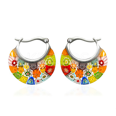 Flat Round 304 Stainless Steel Millefiori Glass Hoop Earrings FS-WG56358-01-1