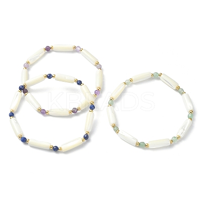 3Pcs 3 Style Natural Mixed Gemstone & White Shell Tube Beaded Stretch Bracelets Set BJEW-TA00430-1