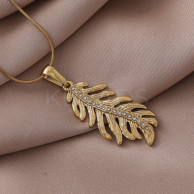 304 Stainless Steel Crystal Rhinestone Leaf Pendant Necklace for Women EA5078-1