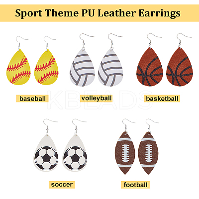 8 Pairs 8 Style PU Imitation Leather Teardrop with Sport Theme Pattern Dangle Earrings EJEW-AN0001-79-1