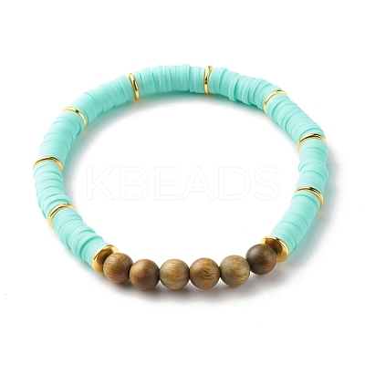 Natural Sandalwood Round & Polymer Clay Heishi Beads Stretch Bracelets Sets BJEW-JB07437-1