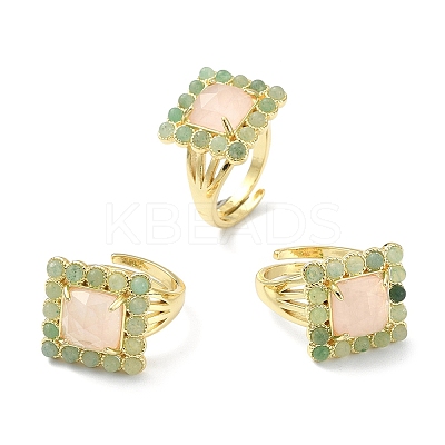 Natural Rose Quartz & Green Aventurine Gemstone Rectangle Adjustable Ring RJEW-B030-01A-11-1