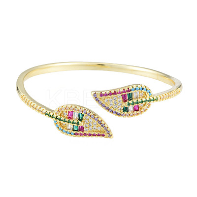 Cubic Zirconia Leaf Open Cuff Bangle BJEW-N012-045-1