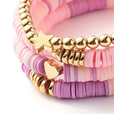 Synthetic Hematite & Polymer Clay Heishi Beads Stretch Bracelets Set BJEW-JB07380-1