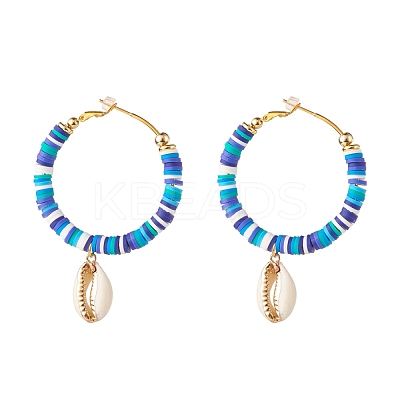 Big Ring with Cowrie Shell Dangle Huggie Hoop Earrings EJEW-JE04732-1