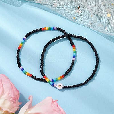 2Pcs 2 Styles Heart Glass Seed Beaded Stretch Bracelet Sets BJEW-JB10530-02-1