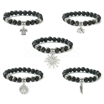 Natural Lava Rock & Silver Obsidian Beaded Stretch Bracelet with Alloy Charms BJEW-JB09453-1