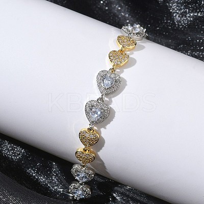 Heart Micro Pave Clear Cubic Zirconia Link Chain Bracelets for Women BJEW-C156-08B-PG-1
