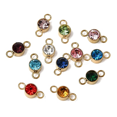 12Pcs 304 Stainless Steel Rhinestone Flat Round Connector Charms STAS-H247-02G-1