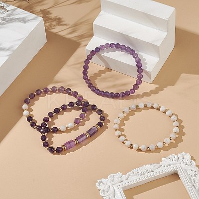 4Pcs 4 Style Natural Amethyst & White Crazy Agate & Brass Beaded Stretch Bracelets Set BJEW-JB08998-1