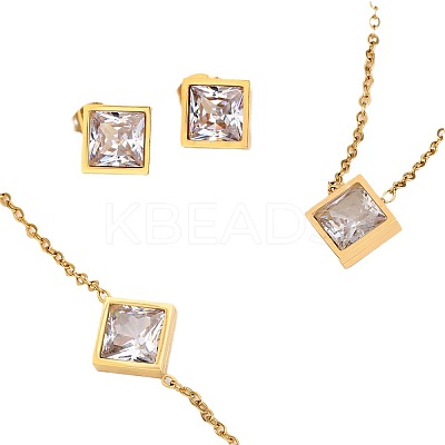 Rhombus 304 Stainless Steel Pave Clear Cubic Zirconia Link Bracelets & Stud Earrings & Pendant Necklaces FS-WG48BD9-01-1
