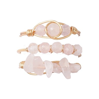 3Pcs Natural Rose Quartz Bead Finger Ring RJEW-JR00855-03-1