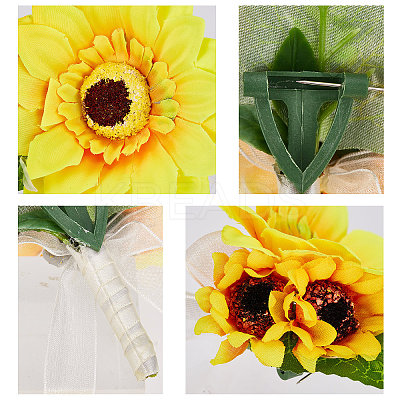 2Pcs Artificial Silk Sunflower Boutonniere Brooch JEWB-CP0001-01-1