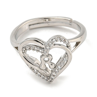 Heart with Letter Rack Plating Brass Micro Pave Clear Cubic Zirconia Adjustable Rings for Women RJEW-I105-01P-R-1