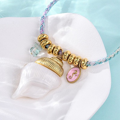 304 Stainless Steel Enamel & Natural Shell Pendant Cord Necklaces NJEW-L465-09G-02-1