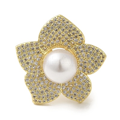 Rack Plating Brass Micro Pave Cubic Zirconia Flower Open Cuff Rings RJEW-P110-03G-1