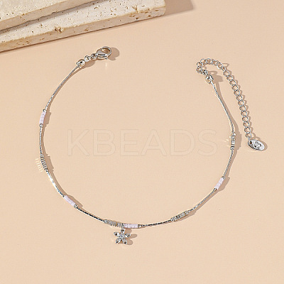 Brass Pave Clear Cubic Zirconia Flower Charm 304 Stainless Steel and Glass Chain Anklets for Women FS-WG0557A-03-1