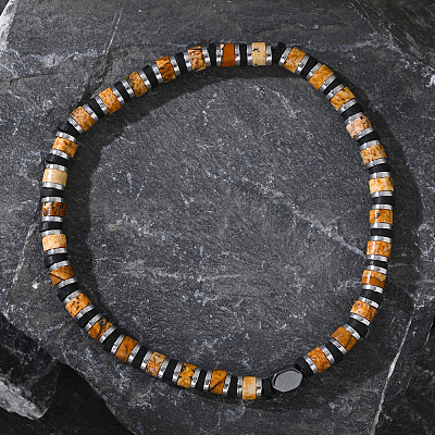 Natural Picture Jasper & Synthetic Non-magnetic Hematite Beads Stretch Bracelets for Men NY6374-1