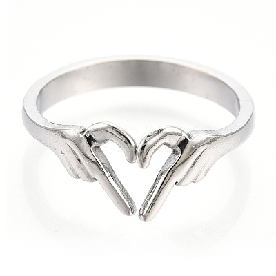 Non-Tarnish 304 Stainless Steel Hand Heart Cuff Rings LS-RJEW-N038-121P-1