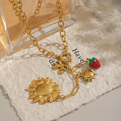 304 Stainless Steel Red Enamel Strawberry Sunflower Sun Pendant Necklaces for Women NJEW-G181-12G-1