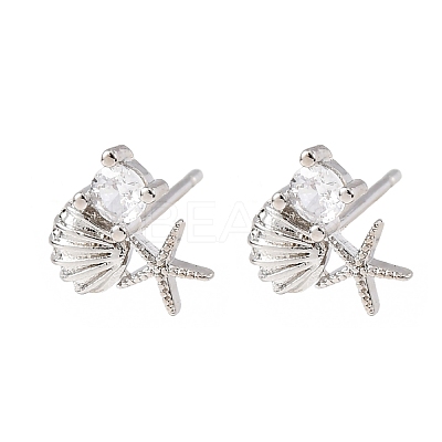 Starfish with Shell Shape Brass Micro Pave Clear Cubic Zirconia Stud Earrings EJEW-L278-05P-1