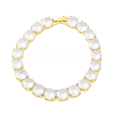 Brass Pave Clear Cubic Zirconia Flat Round Link Chain Bracelets for Women BJEW-A034-02G-1