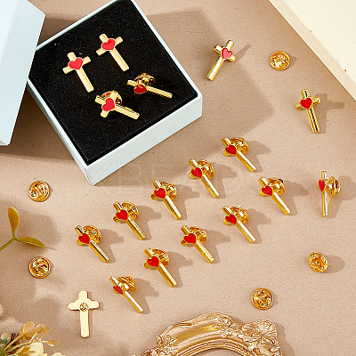 24Pcs Cross with Heart Alloy Enamel Lapel Pin Backs for Backpack Clothes JEWB-FG0001-59G-1