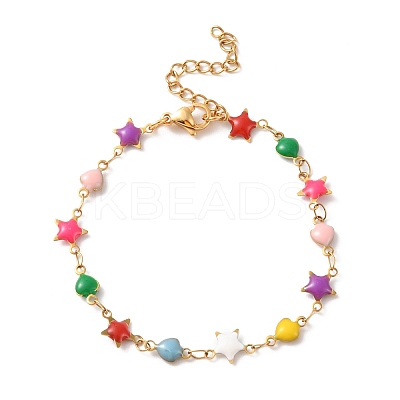 Enamel Star & Heart Link Chain Bracelet BJEW-H585-02G-1
