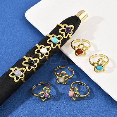316 Stainless Steel with Natural Mixed Gemstone Cuff Rings RJEW-Z098-01G-09-1