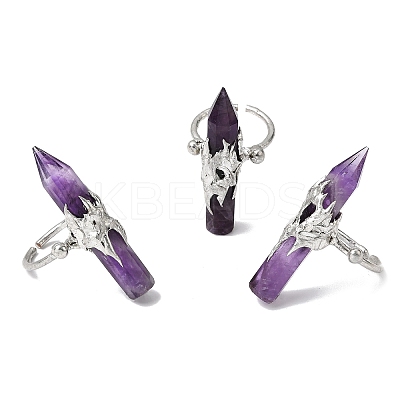 Natural Amethyst & Brass Cuff Rings for Women RJEW-G374-01P-12-1