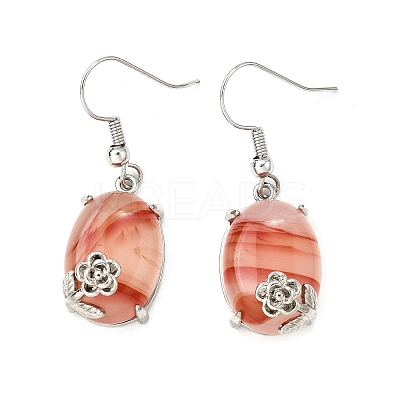 Oval with Flower Brass Dangle Earrings EJEW-XCP0001-15-1
