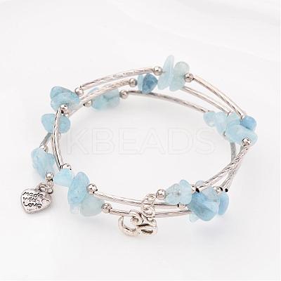 Three Loops Natural Aquamarine Beaded Wrap Bracelets BJEW-JB02331-02-1