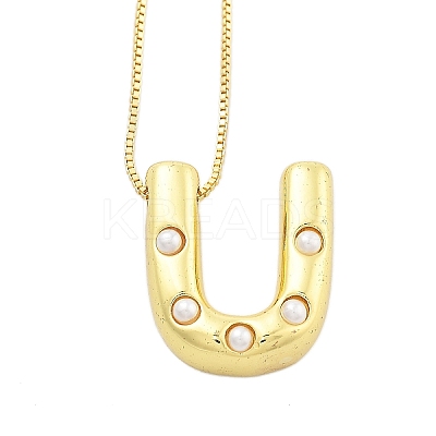 Brass & Plastic Pearl Letter Pendant Box Chain Necklaces for Women NJEW-U017-01G-21-1