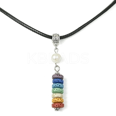 Dyed Natural Lava Rock Disc & Pearl Beaded Pendant Necklaces NJEW-JN04557-1