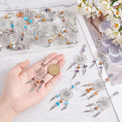 24Pcs 12 Colors Woven Net/Web with Wing Tibetan Style Alloy Pendant Decorations HJEW-AB00238-1
