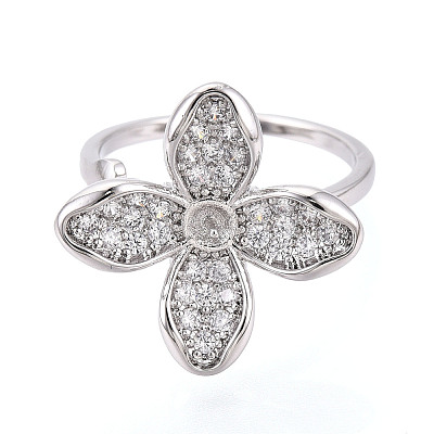 Flower Brass Micro Pave Clear Cubic Zirconia Cuff Ring Settings KK-T076-70P-1