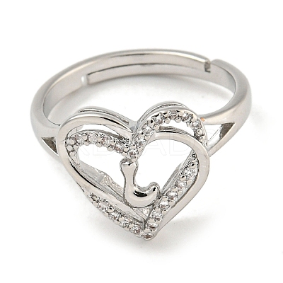 Heart with Letter Rack Plating Brass Micro Pave Clear Cubic Zirconia Adjustable Rings for Women RJEW-I105-01P-L-1