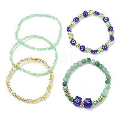 5Pcs 5 Style Natural Banded Agate & Lampwork Evil Eye & Seed Beaded Stretch Bracelets Set BJEW-JB09616-03-1