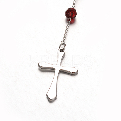 Cross 304 Stainless Steel Rosary Beaded Necklaces X-NJEW-L414-37B-1