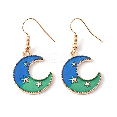 Blue Enamel Crescent Moon with Star Dangle Earrings EJEW-WH0017-07B-1