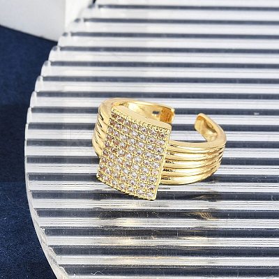 Brass Micro Pave Clear Cubic Zirconia Open Cuff Rings for Women RJEW-M026-02G-03-1