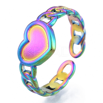 Ion Plating(IP) 304 Stainless Steel Heart with Chain Cuff Rings RJEW-N038-127M-1