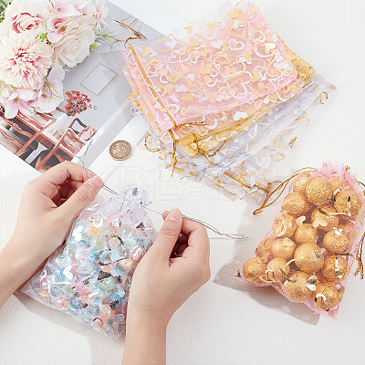 80Pcs 4 Colors Heart Printed Organza Bags OP-BBC0001-50B-1