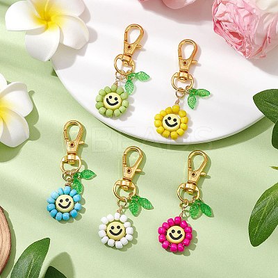 Smiling Face Flower Glass Seed with Acrylic Pendant Decorations HJEW-JM02530-1